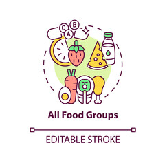 All food groups concept icon. Liver health requirement idea thin line illustration. Balanced diet. Food with fiber. Reducing fat buildup. Vector isolated outline RGB color drawing. Editable stroke