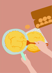 Girl preparing pancakes in a skillet in the kitchen with eggs.