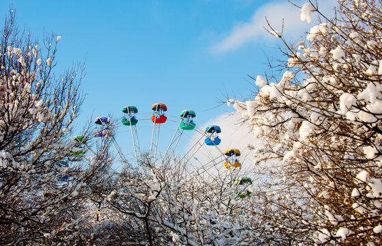 ferris wheel in the trees in kramatorsk in winter