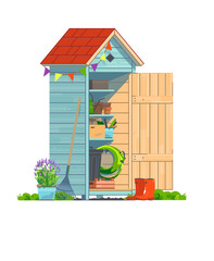 Mini garden shed with household tools isolated on white background. Irrigation hose, watering can, fan rake, pots and flovers for gardening and landscaping. Vector illustration - 427902587