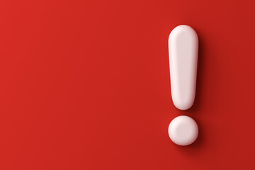 3d white exclamation mark icon isolated on red color wall background with shadow minimal conceptual 3D rendering