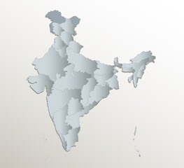 India map, administrative divisions, white blue card paper 3D blank