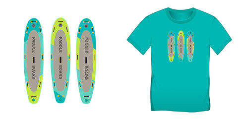 Print on t-shirt graphics art design, Paddle board, inflatable surf, surfboard colored, isolated on background blank