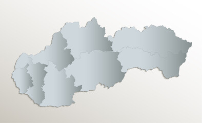 Slovakia map, administrative division Slovak Republic, white blue card paper 3D blank