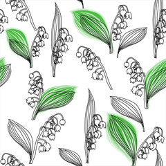 lilies of the valley and leaves pattern outline black white no color neutral beautiful stylish modern design monochrome white black outline