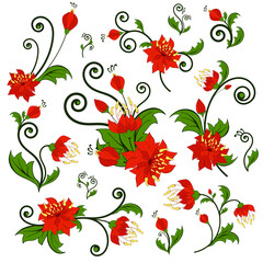 Stylized fantasy flower ornamental elements clip art collection. Botanic flourishes and curls set. Floral motifs isolated on white template. Assorted flat ornate swirls. Various herbal doodle objects