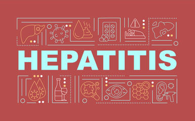 Hepatitis word concepts banner. Liver failure, damage. Inflammatory condition. Infographics with linear icons on red background. Isolated typography. Vector outline RGB color illustration