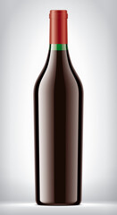 Green Glass Bottle with Red Wine and Red Foil. 