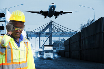 Close up of An African American handsome black engineer he is working in container box yard...