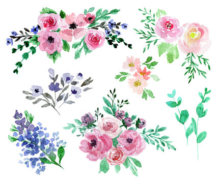 Floral set of hand painted loose watercolor flowers