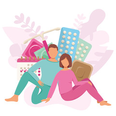 Man and woman are thinking about contraception method. Educational illustration about contraception. Vector illustration 