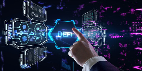 DeFi -Decentralized Finance on dark blue abstract polygonal background. Concept of blockchain, decentralized financial system