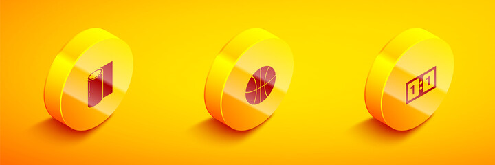 Set Isometric Fitness mat roll, Basketball ball and Sport mechanical scoreboard icon. Vector