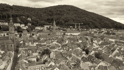 Aerial view of Heidelberg medieval skyline from drone, Germany