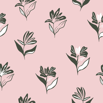 Seamless Pattern Floral Style Dark Green Flowers On Pink Background Design Vector