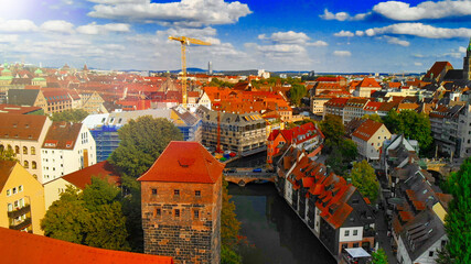 Obraz premium Aerial view of Nuremberg medieval skyline from drone, Germany