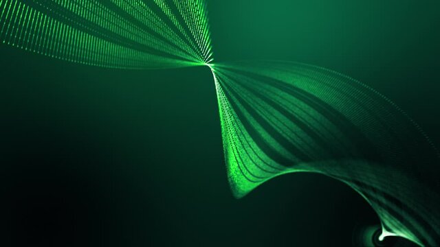 4k looped abstract green background of glow particles form lines, surfaces, spiral structures as futuristic landscape in cyberspace or hologram. Sci-fi theme with DOF, lighting effects and bokeh.