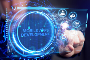 MOBILE APPS DEVELOPMENT on the virtual display. Cloud technology concept.
