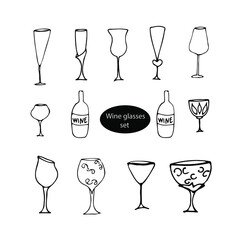 Vector doodle drink wine glasses set for kitchen, café, bar, restaurant, water, lemonade, juice, glasses for wine, champagne, vodka, cognac, brandy, cocktail, martini	