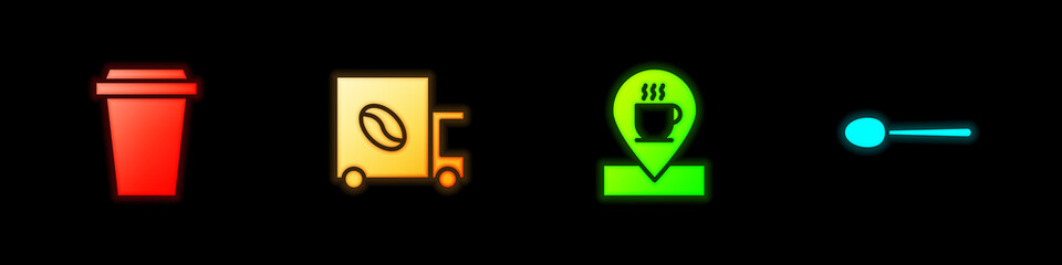 Set Coffee cup to go, street truck machine, Location with coffee and Spoon icon. Vector