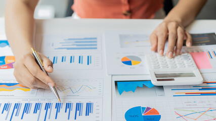 An accountant, businessman or finance professional analyzes graphs, business reports and financial...