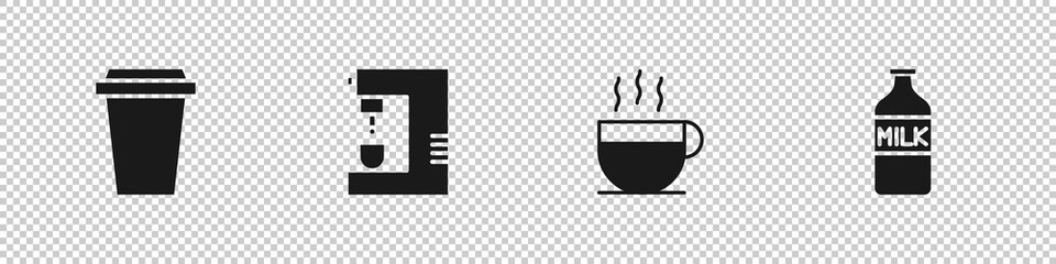 Set Coffee cup to go, machine, and Bottle with milk icon. Vector