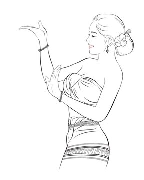 Traditional classical Thai dancing beauty girl. vector illustration isolated cartoon hand drawn