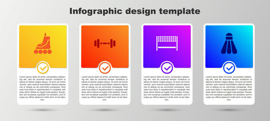 Set Roller skate, Dumbbell, Ribbon in finishing line and Badminton shuttlecock. Business infographic template. Vector