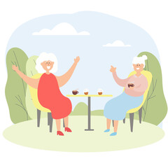 Elderly people chat in a cafe. Grandmothers spend leisure time together. Vector illustration.