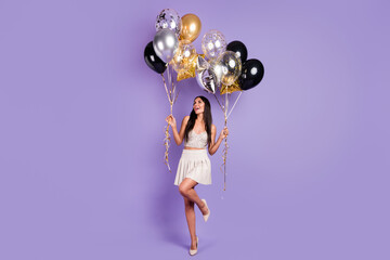 Full body photo of dreamy happy young lady look balloons prom wear glamour clothes isolated on...