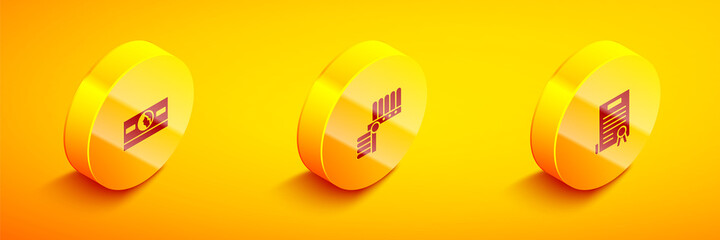 Set Isometric Stacks paper money cash, Indian headdress with feathers and Declaration of independence icon. Vector