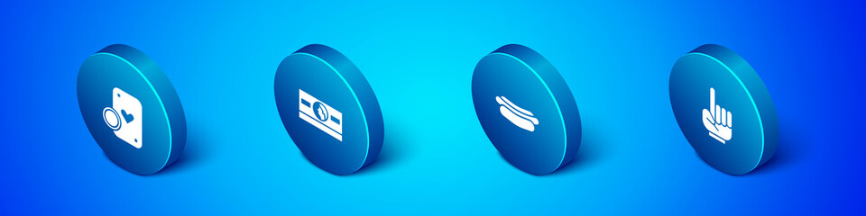 Set Isometric Casino chip and playing cards, Hotdog sandwich, Number 1 one fan hand glove and Stacks paper money cash icon. Vector