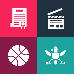 Set pop art Eagle, Basketball ball, Movie clapper and Declaration of independence icon. Vector