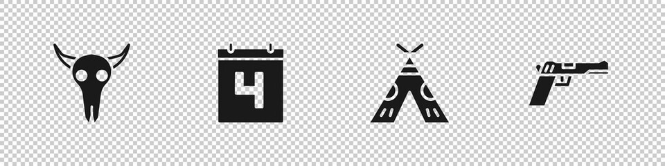 Set Buffalo skull, Calendar with date July 4, Indian teepee or wigwam and Pistol gun icon. Vector © Kostiantyn