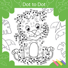 Dot to dot children game. Kids education worksheet. Connect by numbers drawing of a sitting leopard. Coloring activity page.