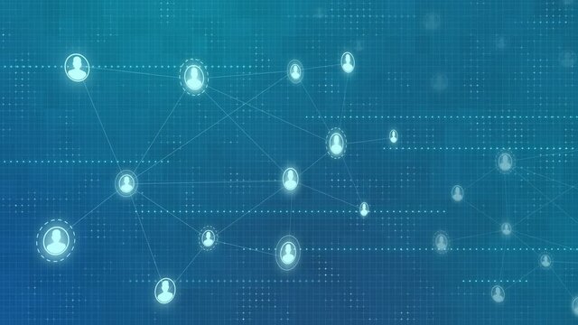 abstract tech animated background of avatar icons connected. Global communication, social network, team work, connection concept. looped animation of organized structure of people, workers. 