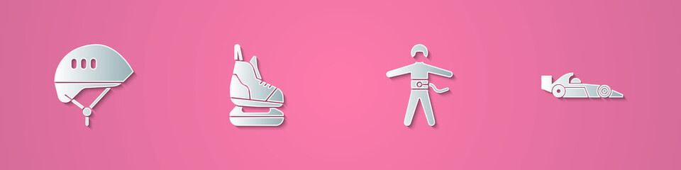 Set paper cut Bicycle helmet, Skates, Bungee jumping and Formula 1 racing car icon. Paper art style. Vector