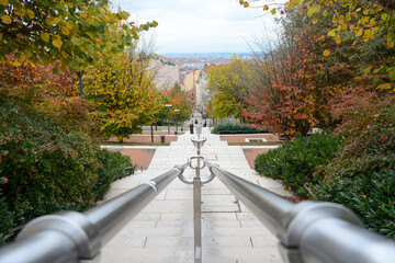 Lyon, France - October 25, 2020: City panoramic view from Grande Cote Garden