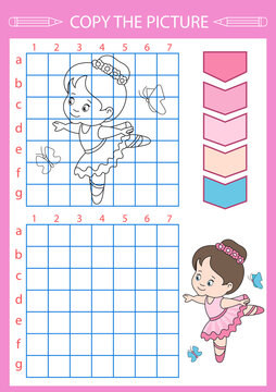 Drawing tutorial. Copy the picture. Activity page for book. Coloring with cute ballerina. Children funny education riddle. Vector illustration.