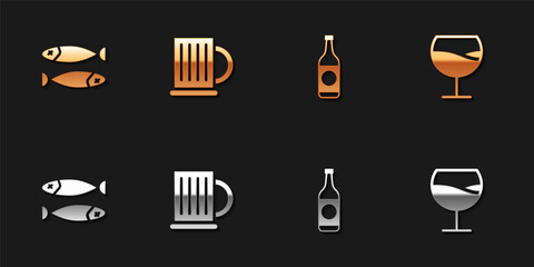 Set Dried fish, Wooden beer mug, Beer bottle and Wine glass icon. Vector