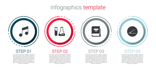 Set Music note, tone, Test tube and flask, Book and Acute angle. Business infographic template. Vector