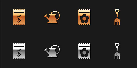 Set Pack full of seeds of plant, Watering can, and Garden rake icon. Vector