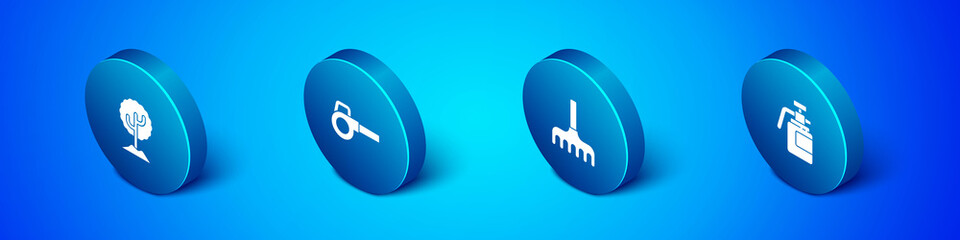 Set Isometric Tree, Garden rake, sprayer for fertilizer and Leaf garden blower icon. Vector