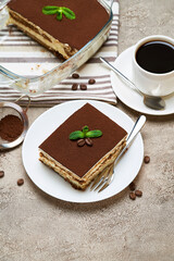 Traditional Italian Tiramisu dessert in glass baking dish and portion on grey concrete background