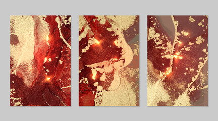 Red and gold pattern with texture of geode and sparkles. Abstract vector background in alcohol ink technique. Modern paint with glitter. Set of backdrops for banner, poster design. Fluid art