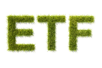 Fototapeta na wymiar Green grass letters ETF isolated on white with shadow. Concept for Exchange traded funds investing by ESG standards (environment social governance).