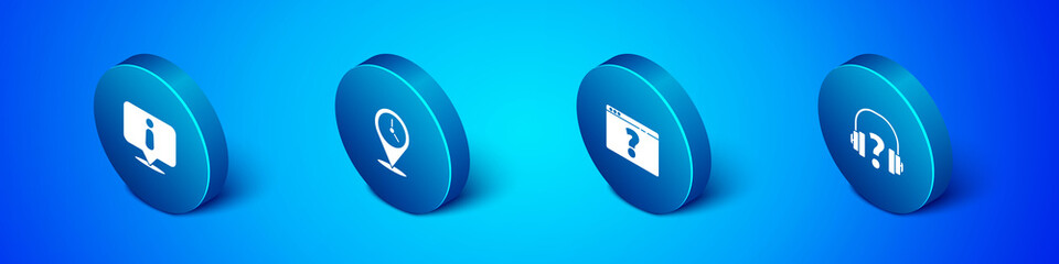 Set Isometric Information, Browser with question mark, Headphones and Location clock icon. Vector