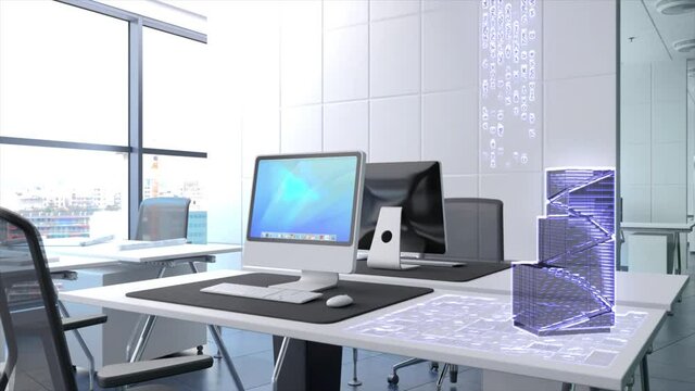 Computer generated graphic animation of a futuristic Sci-Fi office building with a office desk setting and I-Mac looking computers and windows in the background.