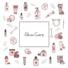 Beauty set with cosmetic products. Collection of bottles, tubes, jars, cosmetic accessories in hand-drawn style. Set of Korean skin care products. Lettering text