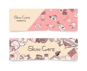 Cosmetic beauty banner set. Hand drawn style.Vector collection with the image of cosmetic products and lettering skin care. Korean kosmetics.